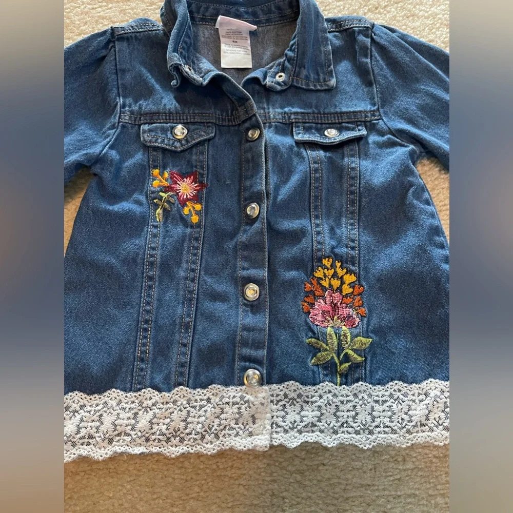 Little Lass Girl - Blue Jean Jacket with Embroidered Flowers and Lace - Size: 6X
